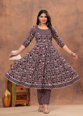 Elegant Black & Pink Floral Anarkali Set with Striped Dupatta