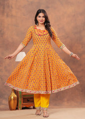 Vibrant Yellow Floral Anarkali Set with Printed Dupatta