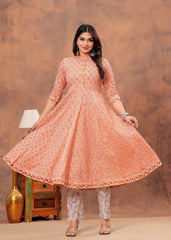 Charming Peach Floral Anarkali Set with Striped Dupatta