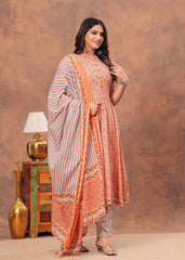 Charming Peach Floral Anarkali Set with Striped Dupatta