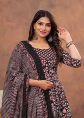 Black & Pink Floral Anarkali Set with Striped Dupatta
