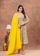 Elegant Beige and Yellow Floral Kurta Set with Dupatta