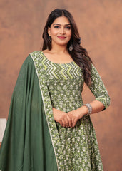 Green Floral Print Anarkali Set with Geometric Dupatta