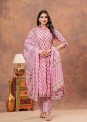 Elegant Pink Floral Anarkali Set with Striped Dupatta
