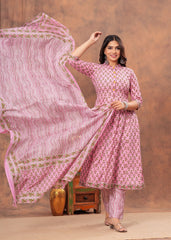 Elegant Pink Floral Anarkali Set with Striped Dupatta