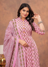 Elegant Pink Floral Anarkali Set with Striped Dupatta