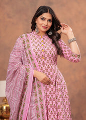 Elegant Pink Floral Anarkali Set with Striped Dupatta