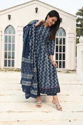 Elegant Navy Blue Printed Anarkali Set with Contrasting Dupatta