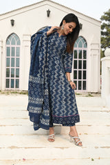 Elegant Navy Blue Printed Anarkali Set with Contrasting Dupatta