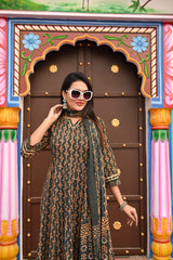 Dark Green Printed Anarkali Set with Matching Dupatta