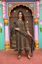 Dark Green Printed Anarkali Set with Matching Dupatta