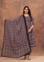 Black & Pink Floral Anarkali Set with Striped Dupatta