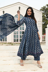 Elegant Navy Blue Printed Anarkali Set with Contrasting Dupatta