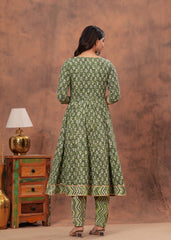 Green Floral Print Anarkali Set with Geometric Dupatta