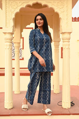 ELEGANT INDIGO BLUE PRINTED COTTON CO-ORD SET