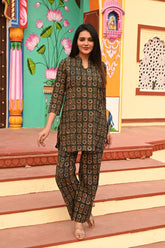 OLIVE GREEN HANDBLOCK PRINT COTTON CO-ORD SET