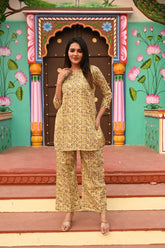 YELLOW GEOMETRIC GATHERED KURTA CO-ORD SET