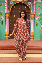 RED FLORAL GATHERED KURTA CO-ORD SET