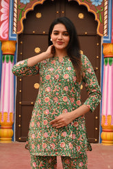 GREEN FLORAL PRINTED COTTON CO-ORD SET