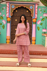 PINK FLORAL GATHERED KURTA CO-ORD SET