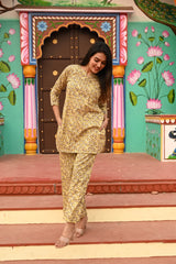 YELLOW GEOMETRIC GATHERED KURTA CO-ORD SET