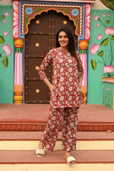 RED FLORAL GATHERED KURTA CO-ORD SET