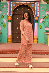 PEACH FLORAL PRINTED COTTON CO-ORD SET