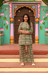 GREEN FLORAL PRINTED COTTON CO-ORD SET