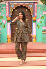 OLIVE GREEN HANDBLOCK PRINT COTTON CO-ORD SET