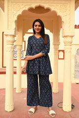INDIGO BLUE GATHERED KURTA COTTON CO-ORD SET