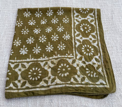 Hand-Block Printed Cotton Bandana – Olive Green Floral Botanical Design