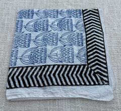 Hand-Block Printed Cotton Bandana – Blue Floral & Chevron Border