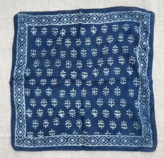 Hand-Block Printed Cotton Bandana – Indigo Floral Motif with Geometric Border