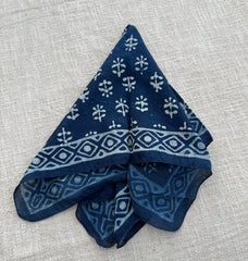 Hand-Block Printed Cotton Bandana – Indigo Floral Motif with Geometric Border