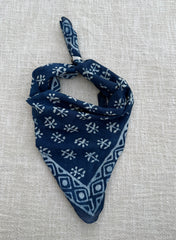 Hand-Block Printed Cotton Bandana – Indigo Floral Motif with Geometric Border