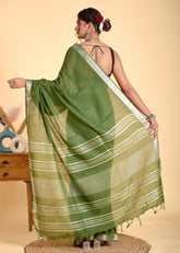 GRACEFUL PLAIN LINEN SAREE WITH SILVER ZARI BORDER