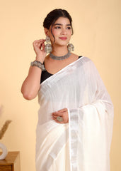 CLASSIC PLAIN LINEN SAREE WITH SILVER ZARI BORDER