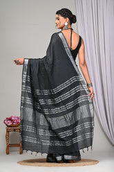 SOFT PEACH PLAIN LINEN SAREE WITH SILVER ZARI BORDER