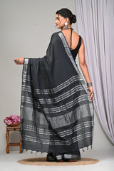 SOFT PEACH PLAIN LINEN SAREE WITH SILVER ZARI BORDER