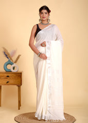 CLASSIC PLAIN LINEN SAREE WITH SILVER ZARI BORDER