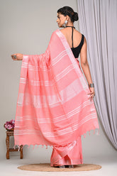 SOFT PEACH PLAIN LINEN SAREE WITH SILVER ZARI BORDER