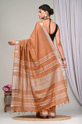 CLASSIC COFFEE BROWNPLAIN LINEN SAREE WITH SILVER ZARI BORDER