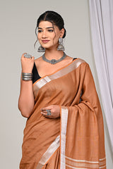 CLASSIC COFFEE BROWNPLAIN LINEN SAREE WITH SILVER ZARI BORDER