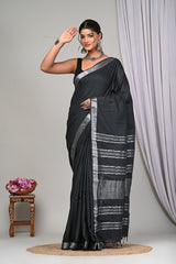 SOFT PEACH PLAIN LINEN SAREE WITH SILVER ZARI BORDER