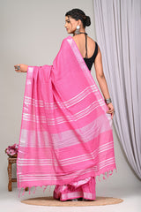 PLAIN LINEN SAREE WITH SILVER ZARI BORDER