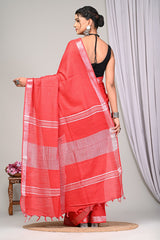 VIBRANT SCARLET REDPLAIN LINEN SAREE WITH SILVER ZARI BORDER