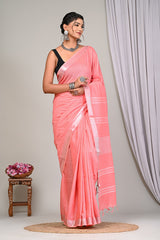 SOFT PEACH PLAIN LINEN SAREE WITH SILVER ZARI BORDER