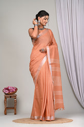 PEACH BLISSPLAIN LINEN SAREE WITH SILVER ZARI BORDER