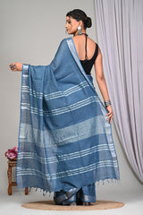 DENIM BLUEPLAIN LINEN SAREE WITH SILVER ZARI BORDER