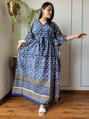 ROYAL BLUE ETHNIC PRINTED COTTON KAFTAN DRESS